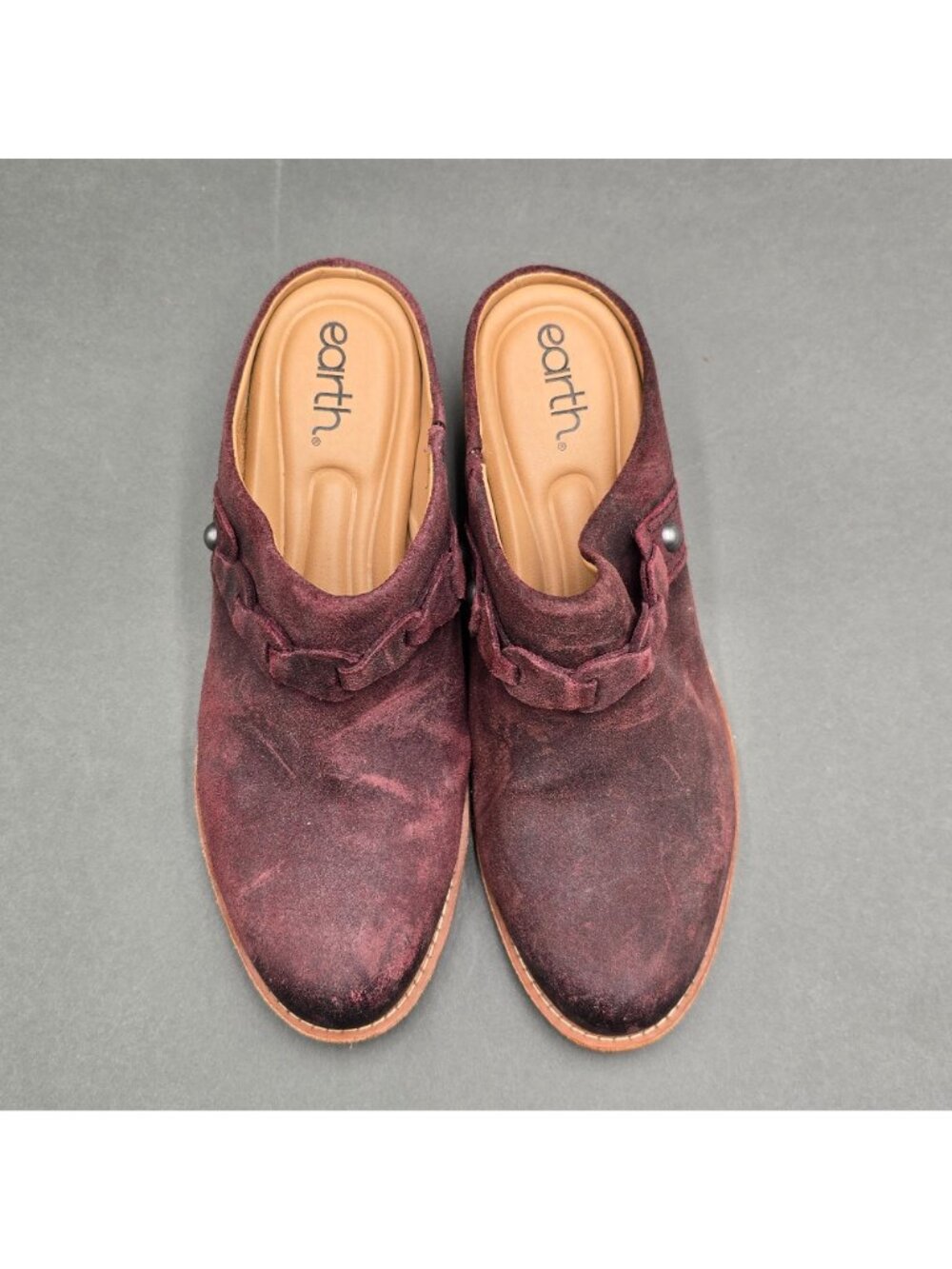 Earth Juliet Burgundy Suede Mules Size 7.5M Braided Strap Block Heel Clogs Shoes - Picture 9 of 9